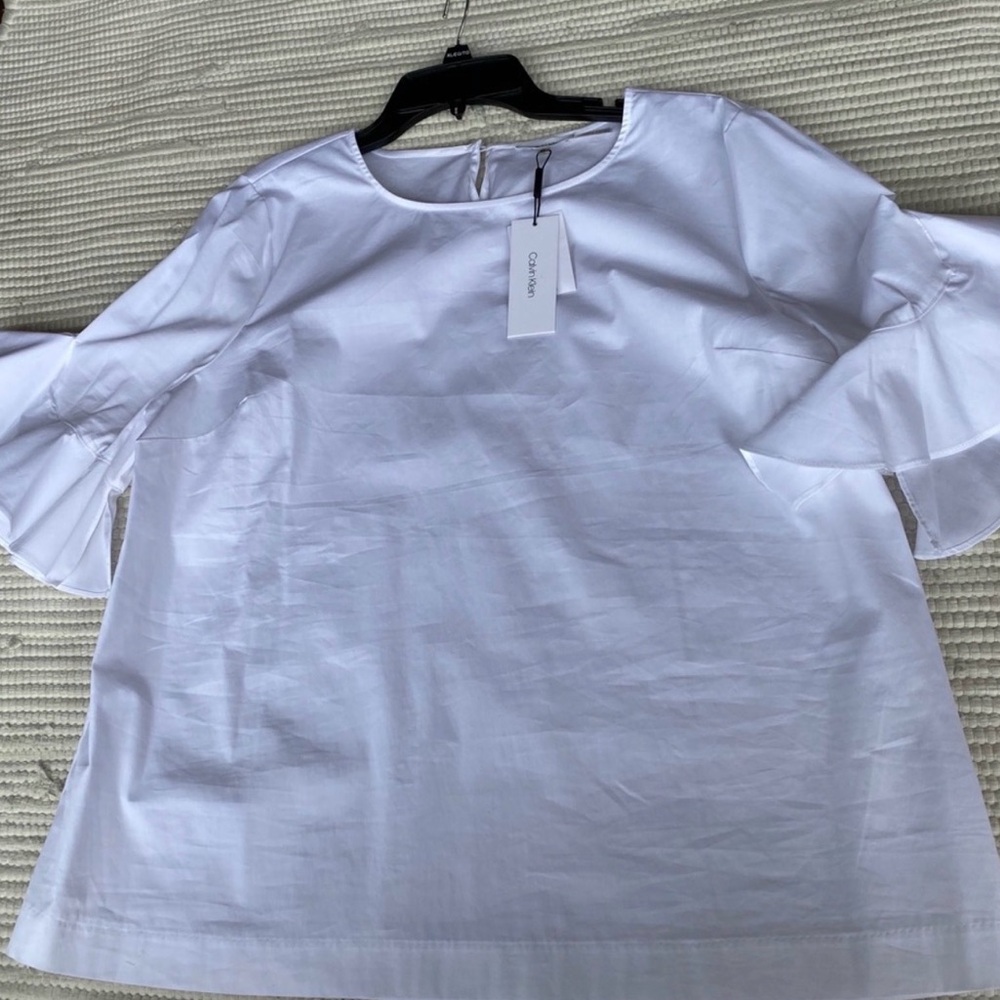 Calvin Klein White Poplin Ruffle Sleeve Blouse XL NWT Summer Chic - Picture 2 of 10